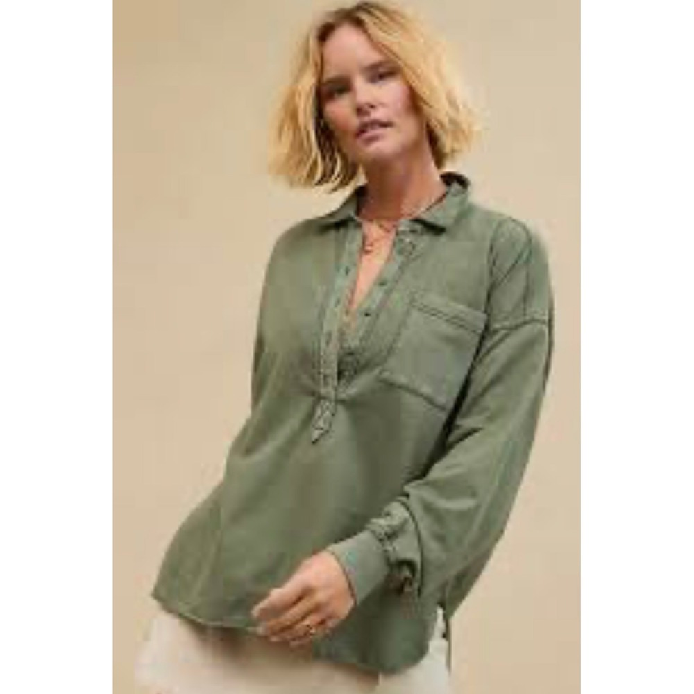 Aerie Womens Olive Green Cotton Long Sleeve Henley Sweatshirt Size Oversized XS